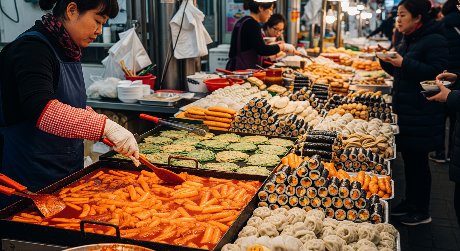 Colorful Gwangjang Market in Seoul with traditional Korean street food