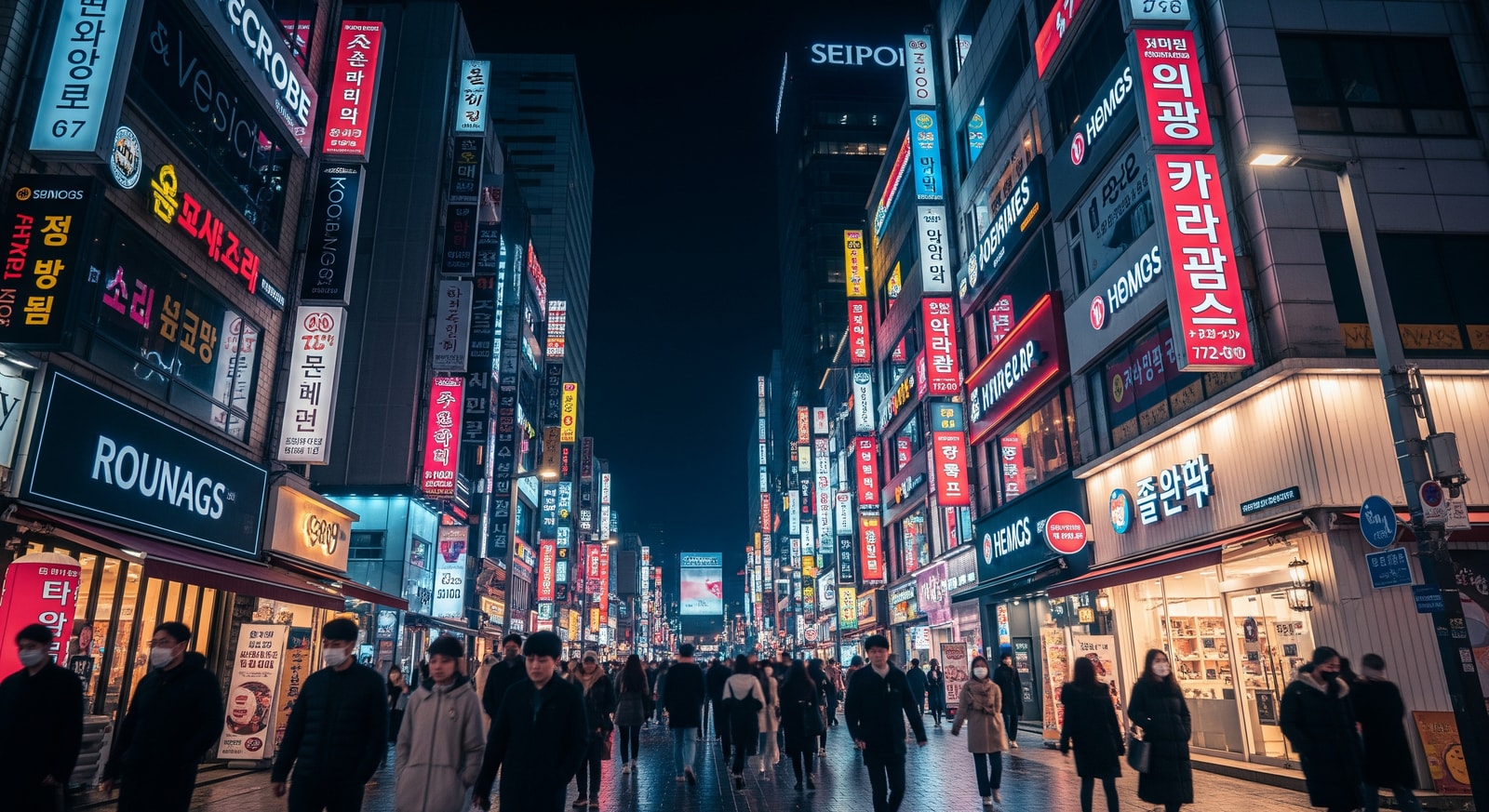 Neon lights of Myeongdong shopping district in Seoul at night