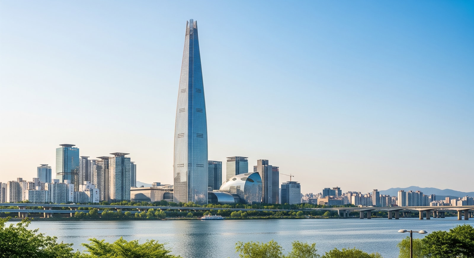 Modern Seoul cityscape with Lotte World Tower and Han River