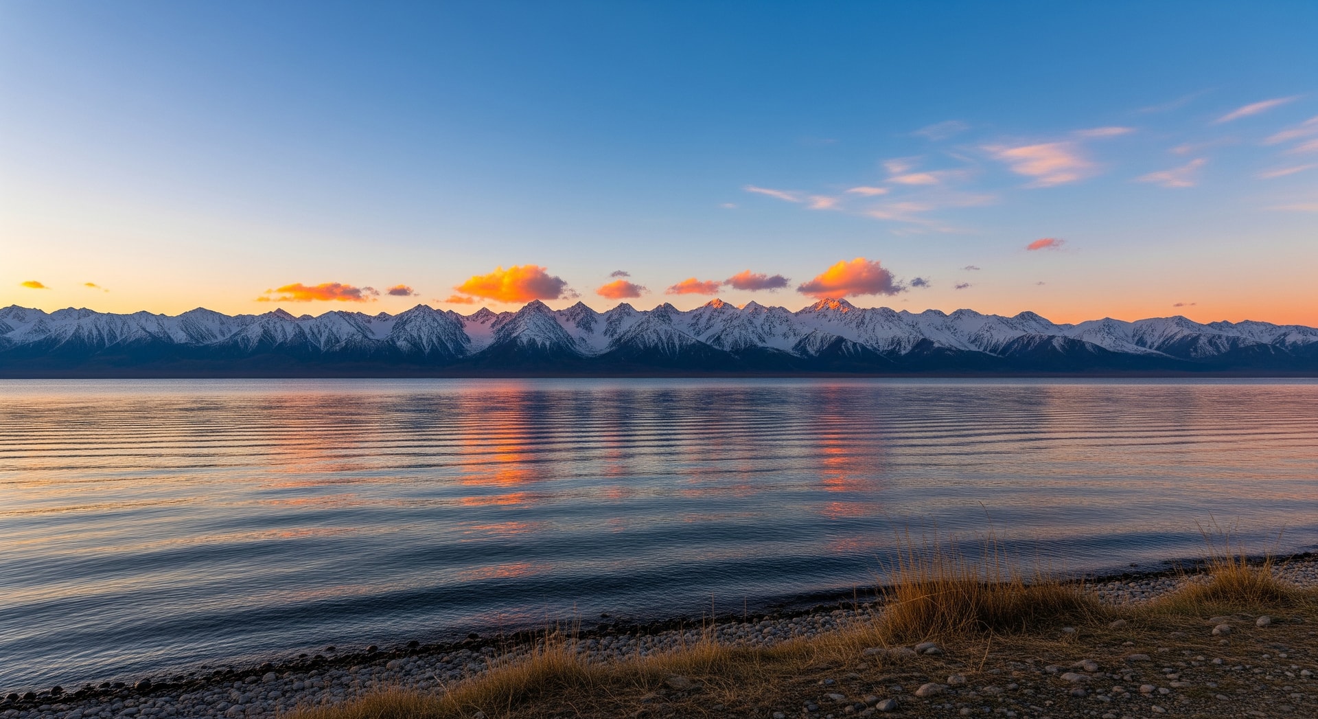 Issyk-Kul Lake surrounded by snow-capped Tian Shan mountains