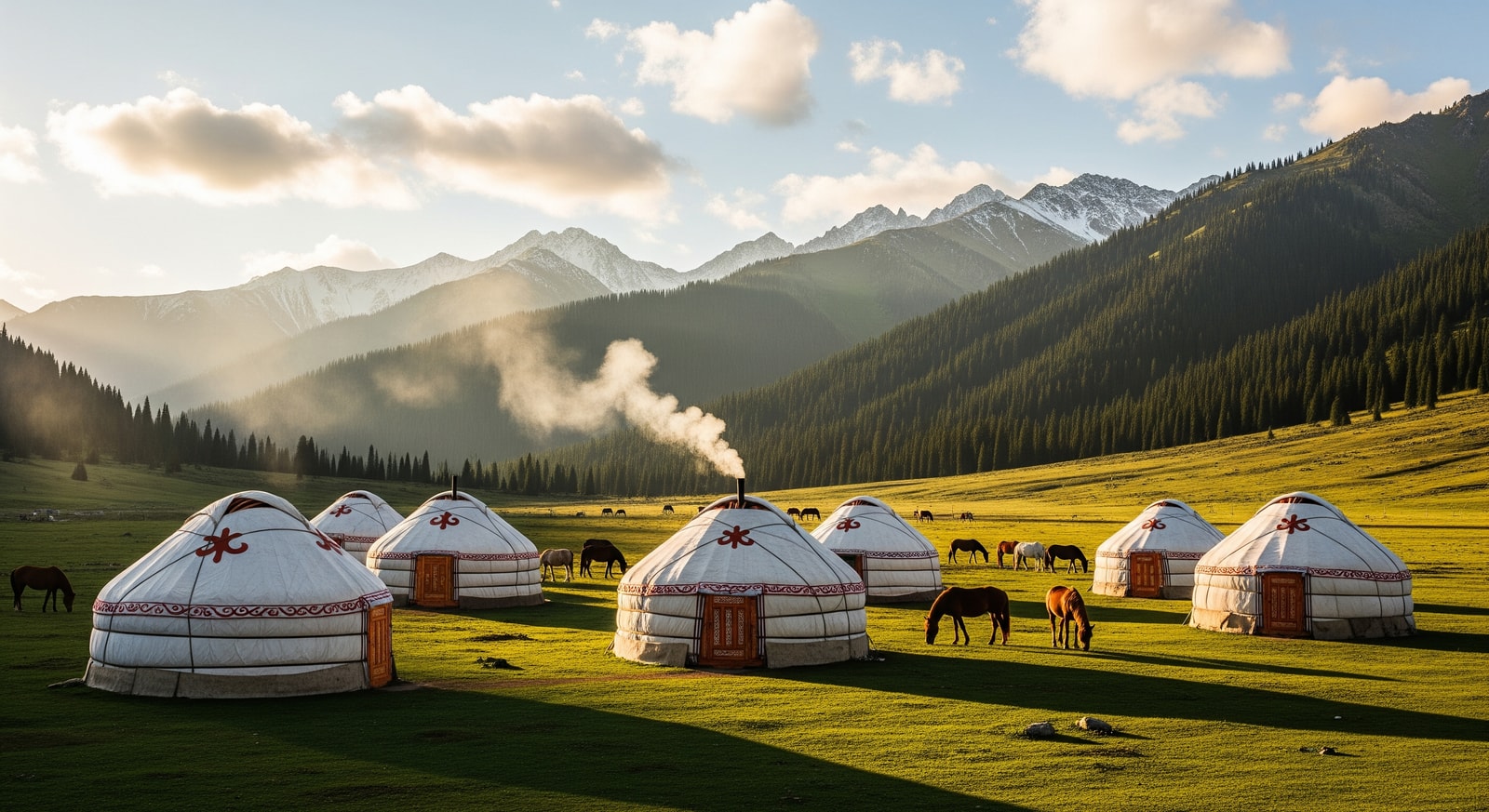 Traditional Kyrgyz yurt camp in mountain valley