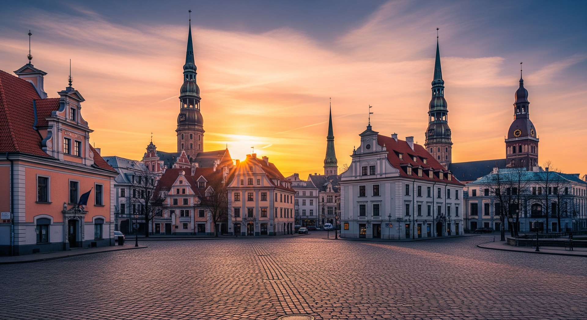 Historic buildings and church spires in Riga Old Town