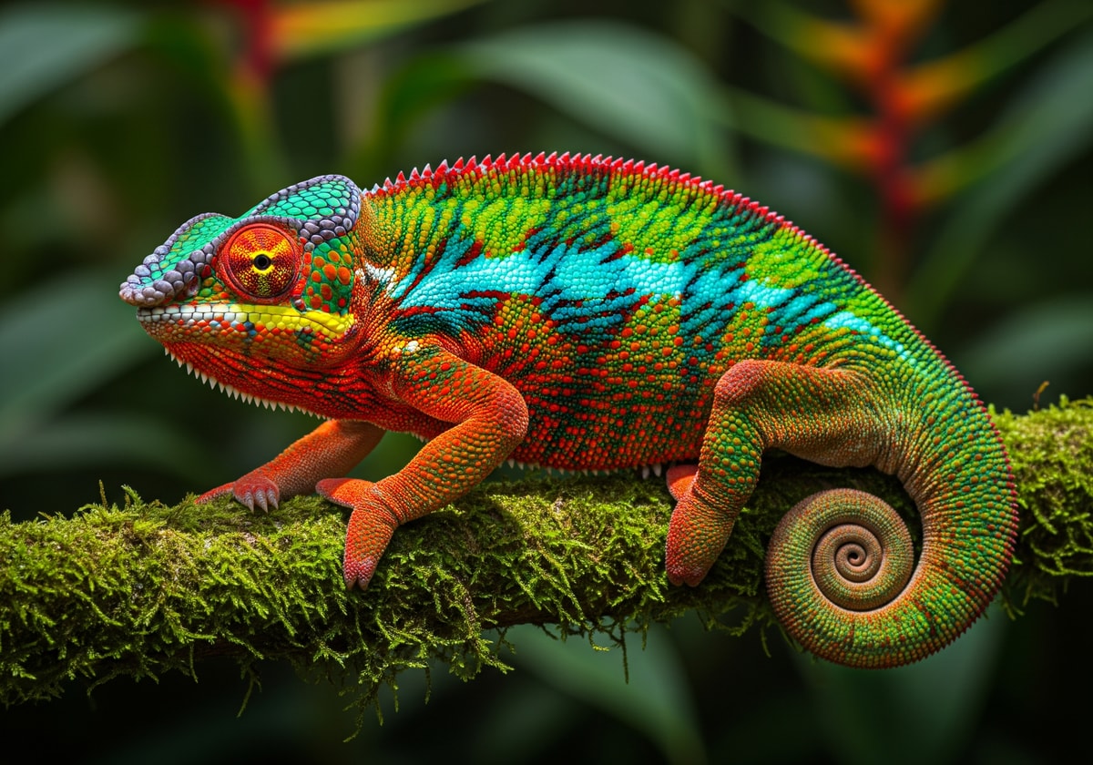 Colorful chameleon on branch