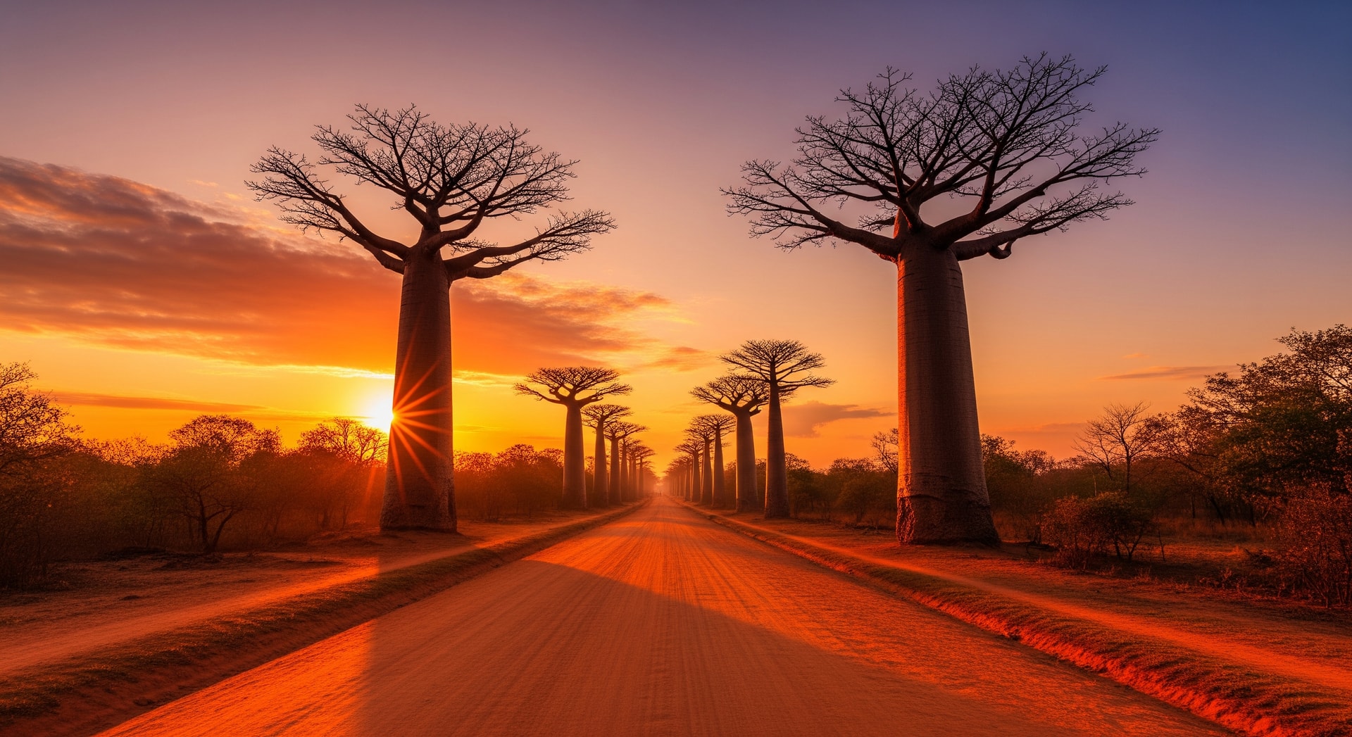 Avenue of the Baobabs in Madagascar at sunset