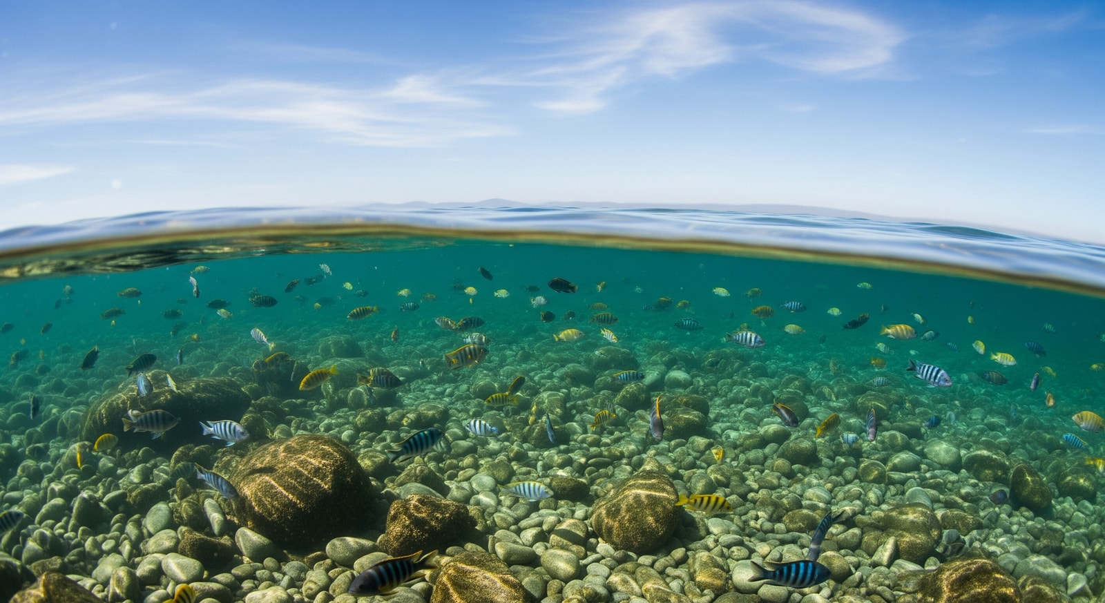 Crystal clear waters of Lake Malawi with fish visible