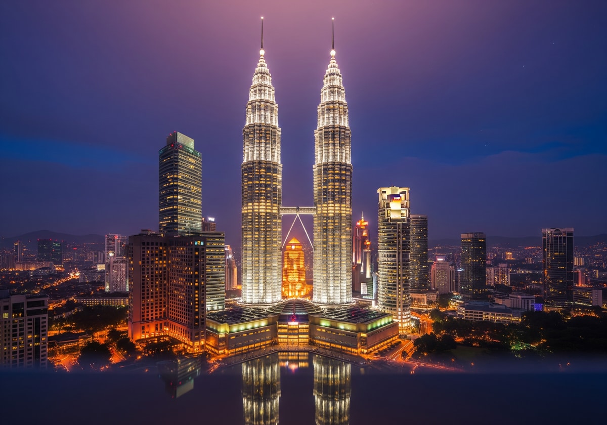 Petronas Twin Towers Kuala Lumpur at night with city lights