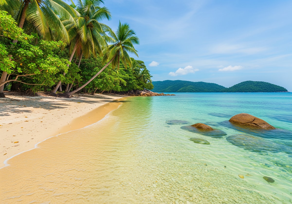 Langkawi beach with clear turquoise water and tropical scenery