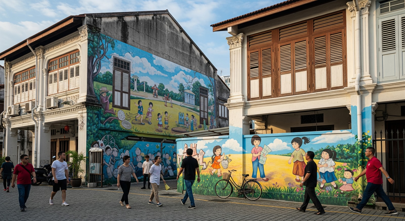 Colorful street art and heritage buildings in George Town Penang Malaysia