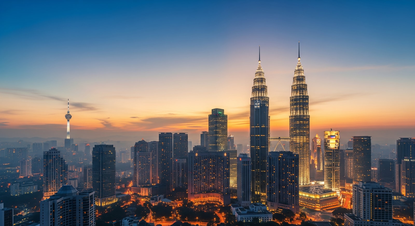 Kuala Lumpur city skyline with Petronas Towers and modern buildings at twilight