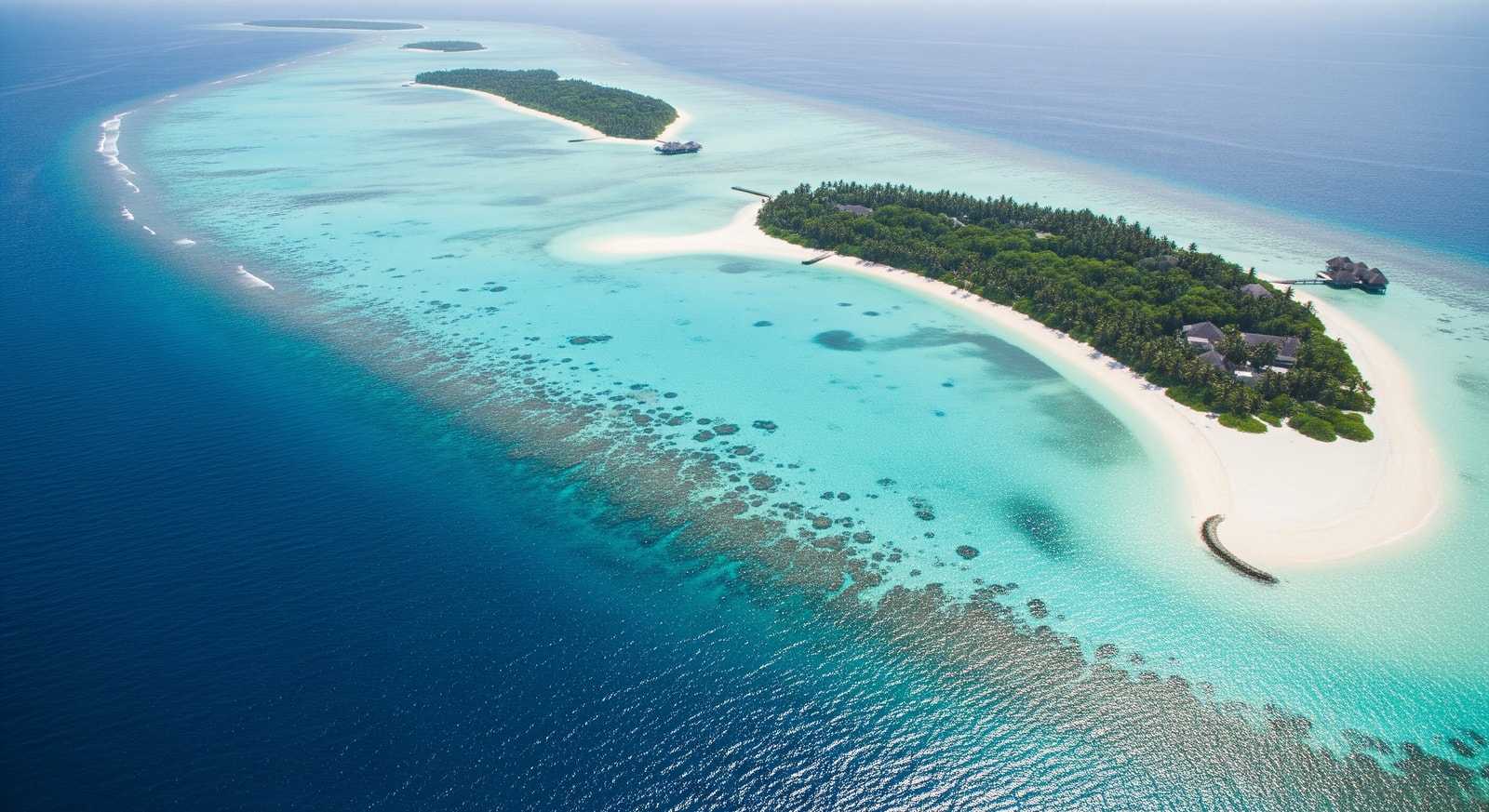 Aerial view of a Maldives atoll with turquoise lagoon and white sand beaches