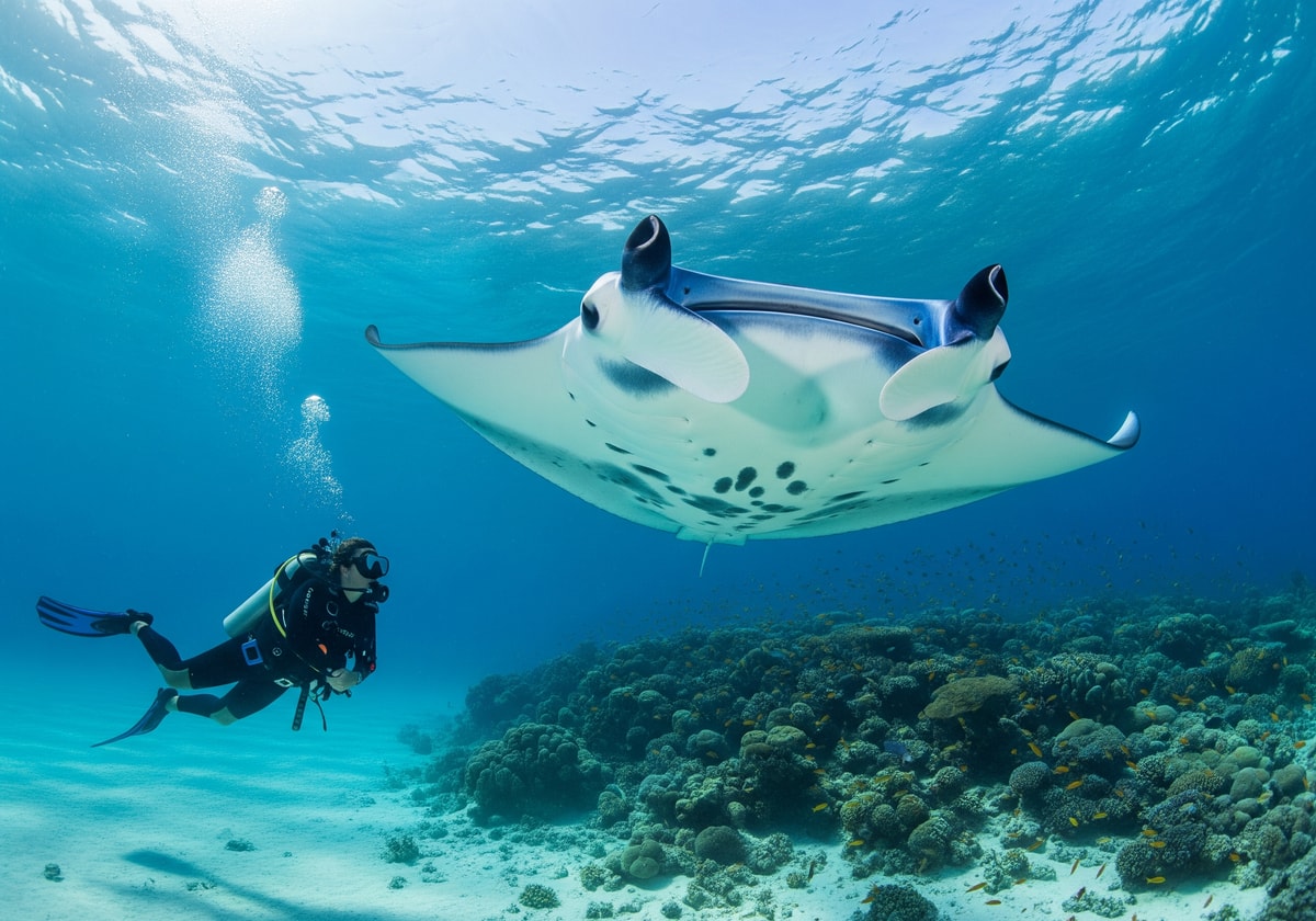 Scuba diver with manta ray in the Maldives