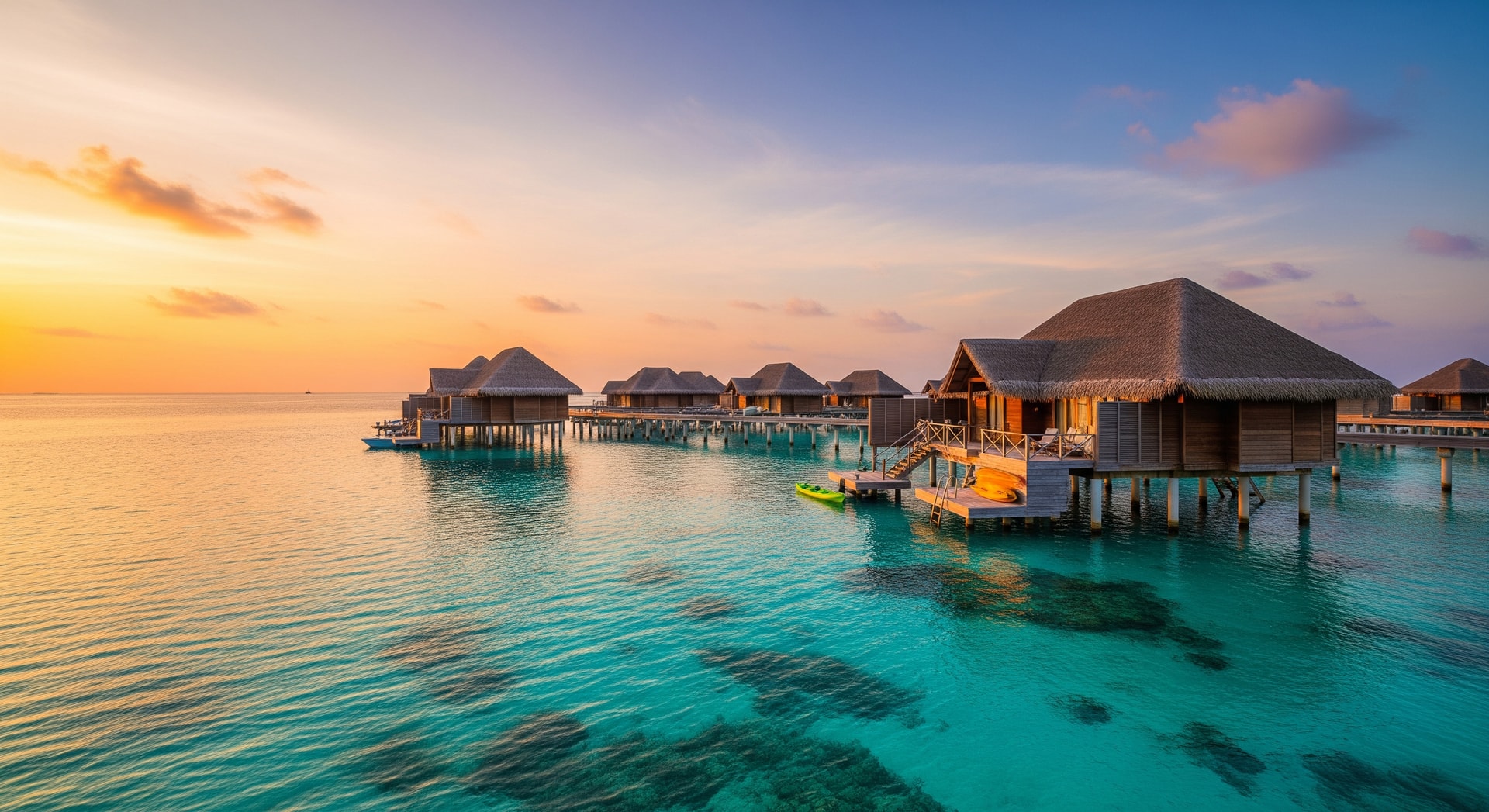 Overwater bungalows in the Maldives with crystal clear turquoise water