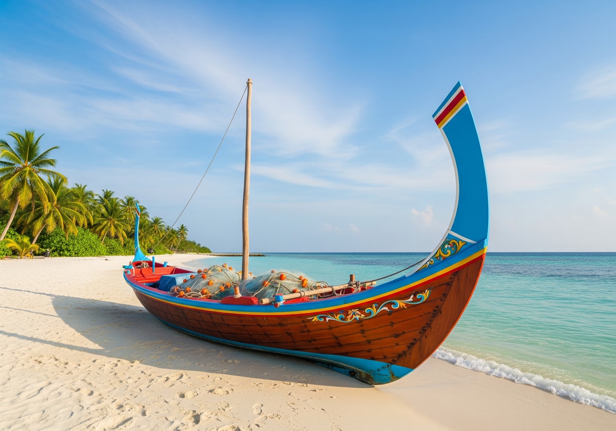 Traditional Maldivian fishing boat on a local island beach