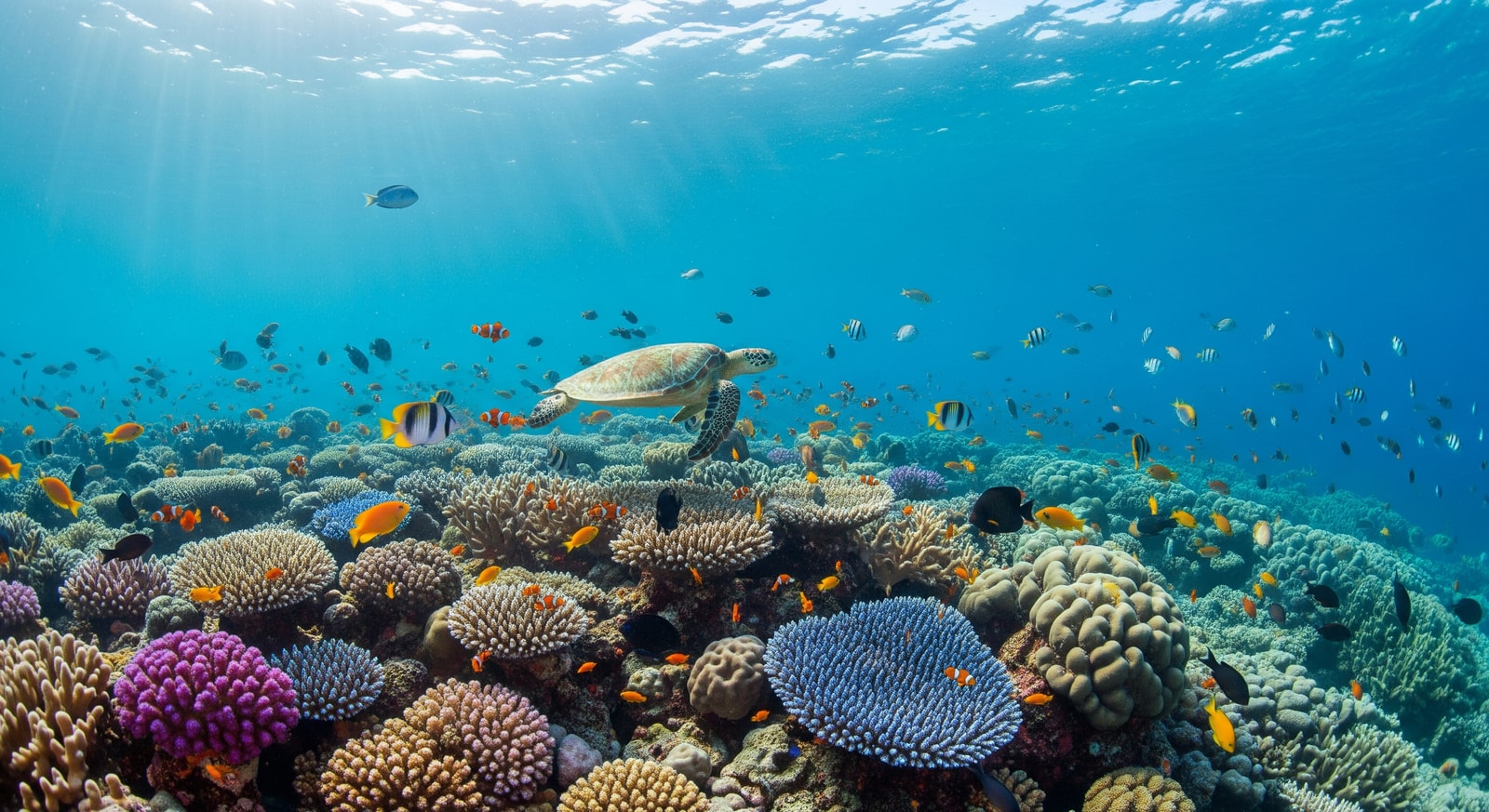 Colorful coral reef with tropical fish in the Maldives