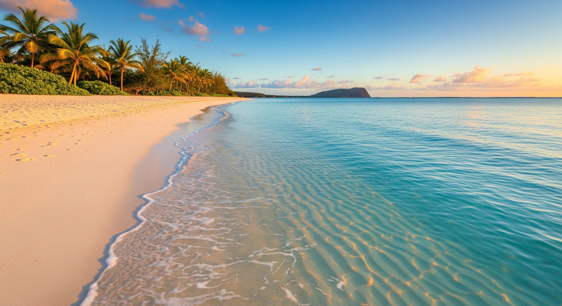 Crystal clear turquoise water and white sand beach in Mauritius