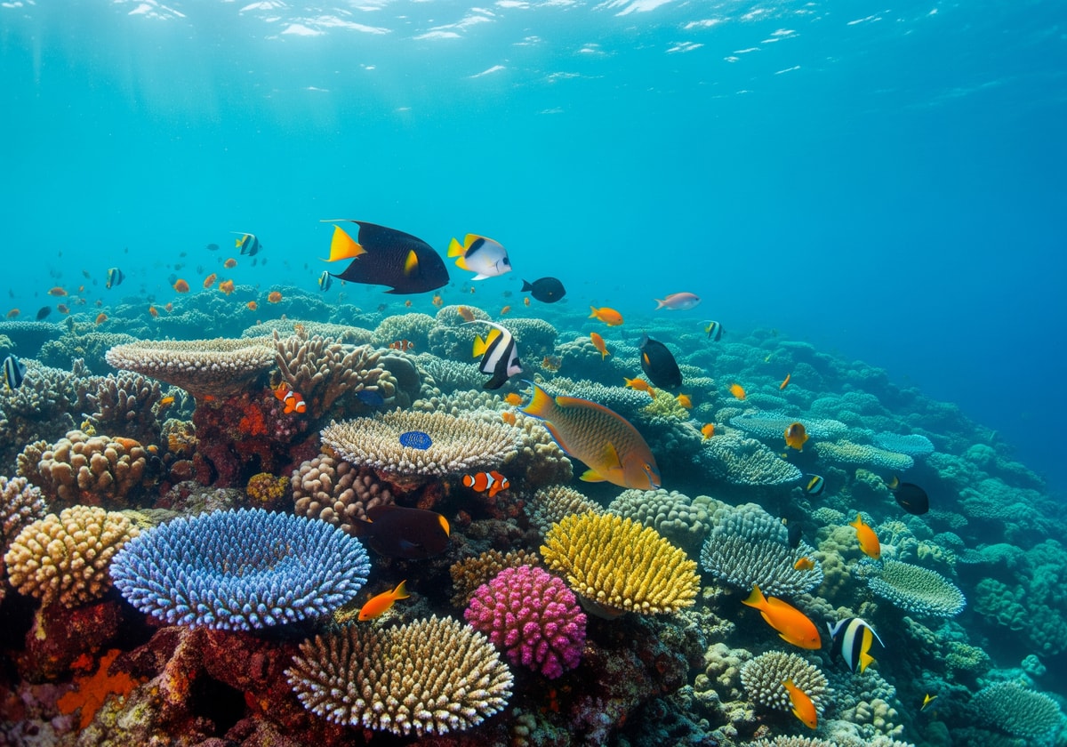 Colorful coral reef and tropical fish in Mauritius waters