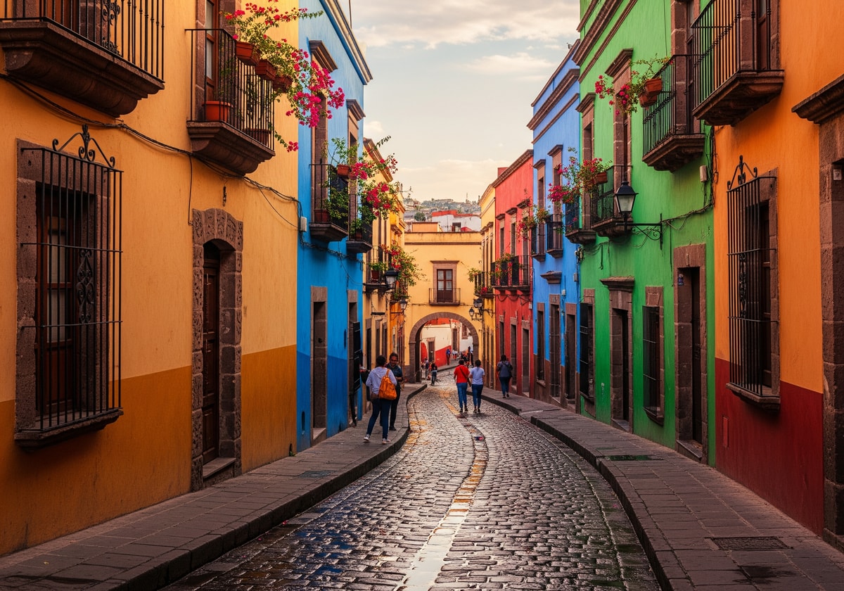 Colorful street in Guanajuato Mexico with colonial architecture