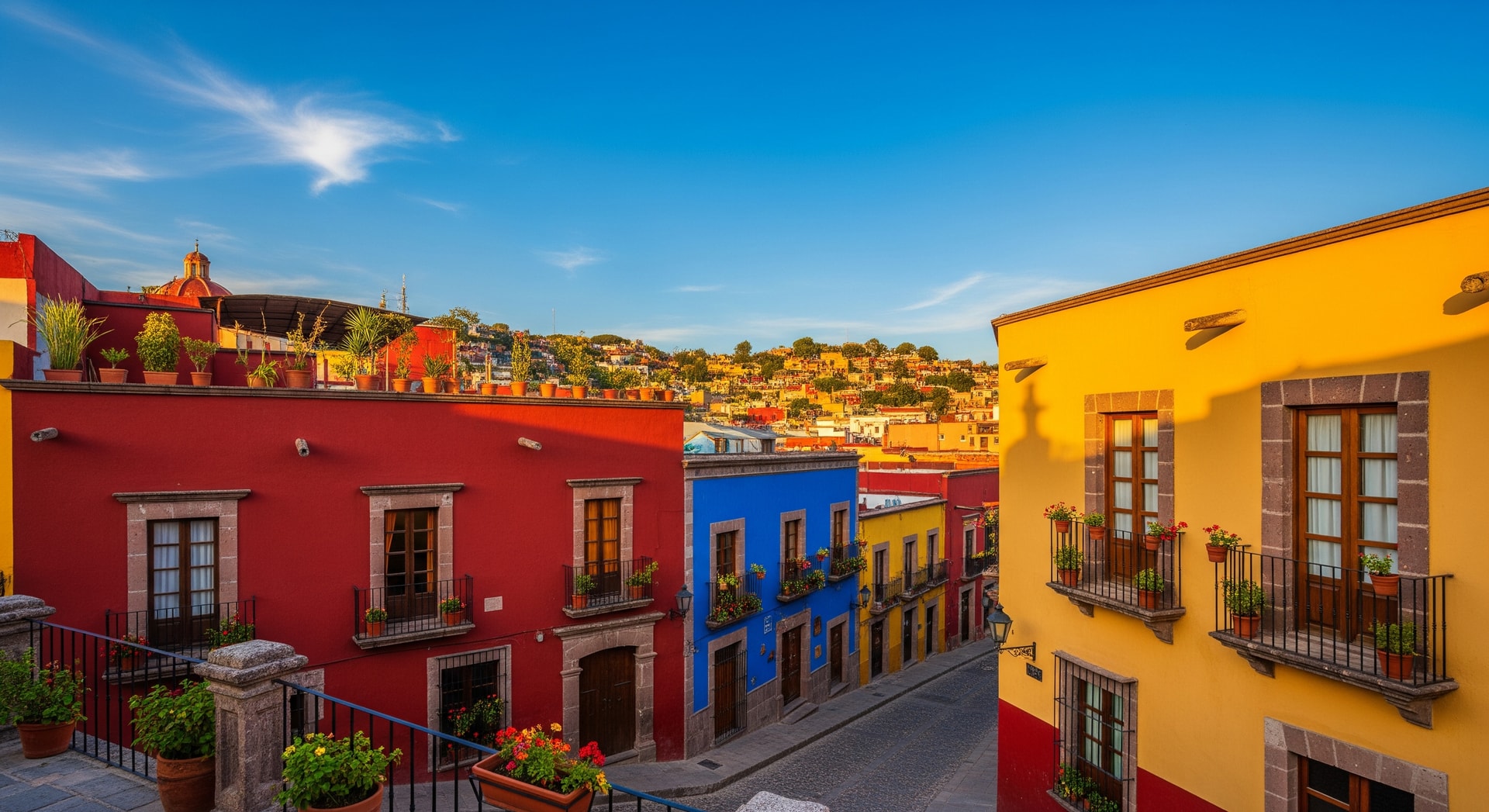Colorful Mexican architecture in Guanajuato with colonial buildings and blue sky