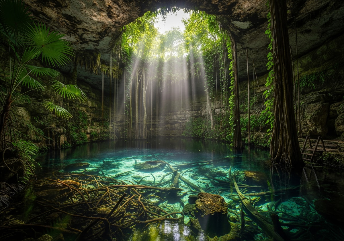 Crystal clear cenote swimming hole surrounded by jungle