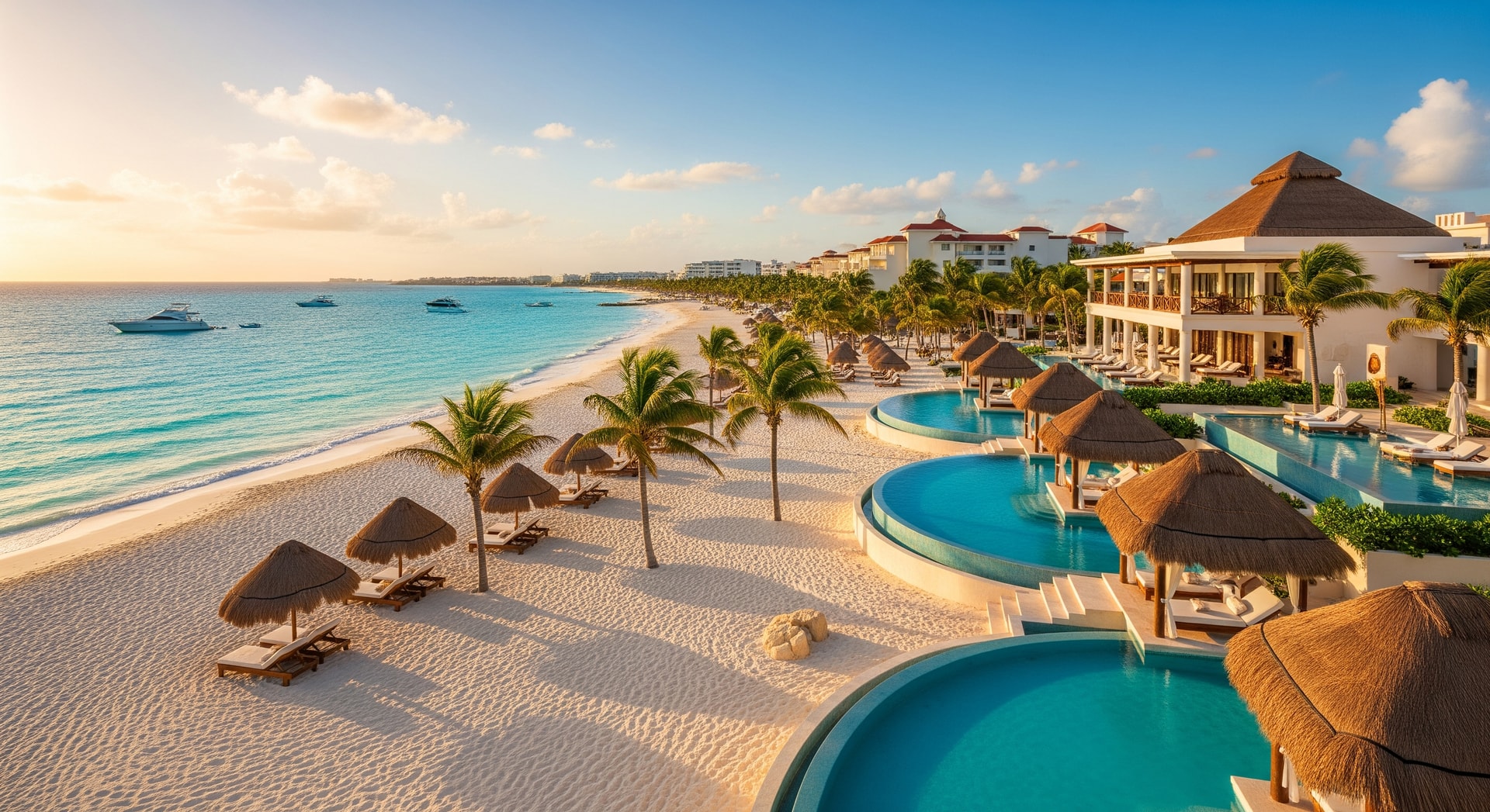 Beautiful beach resort in Cancun, Mexico with turquoise Caribbean waters