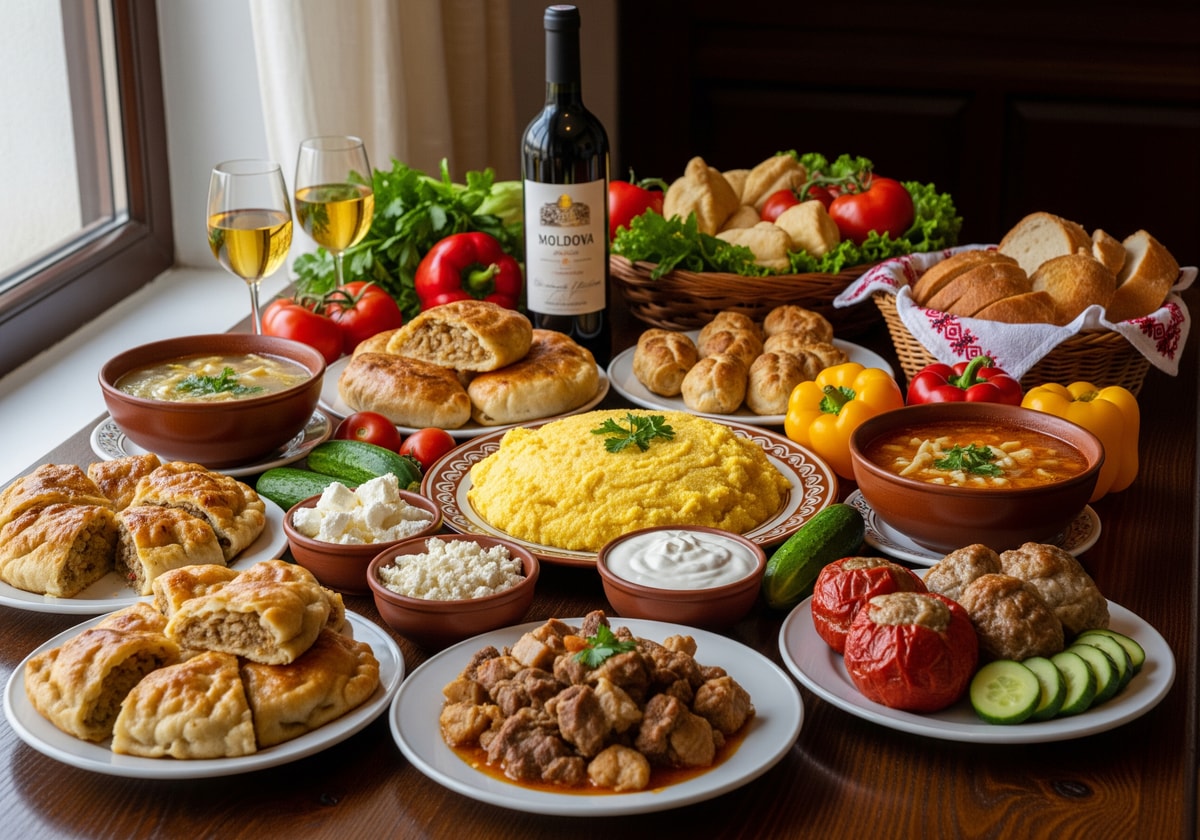 Traditional Moldovan food spread