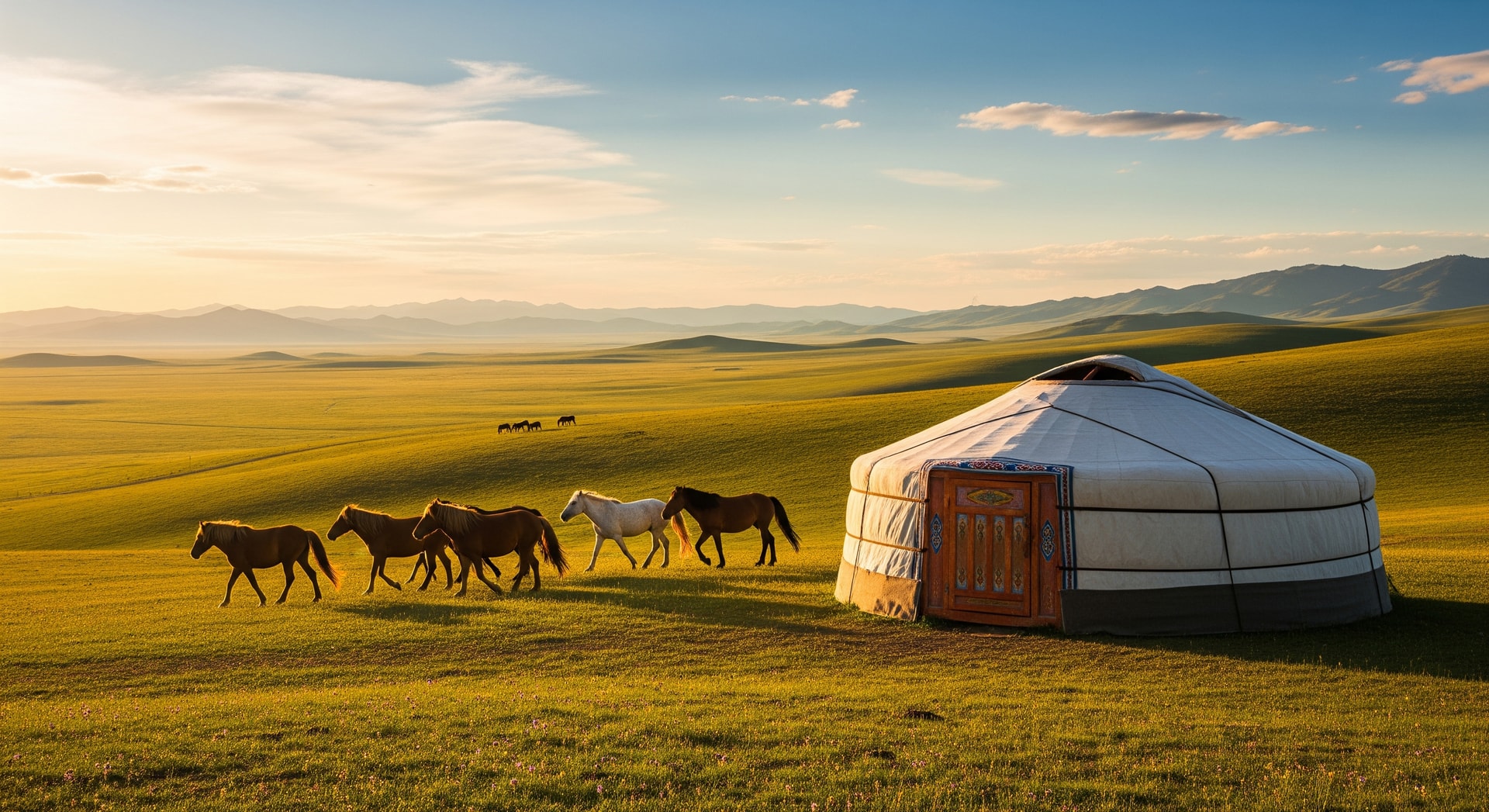 Traditional Mongolian ger (yurt) with horses on the vast steppe landscape