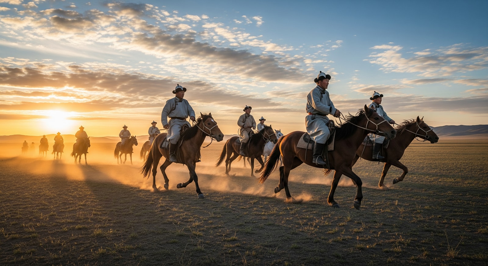 Mongolian horsemen riding across the vast steppe
