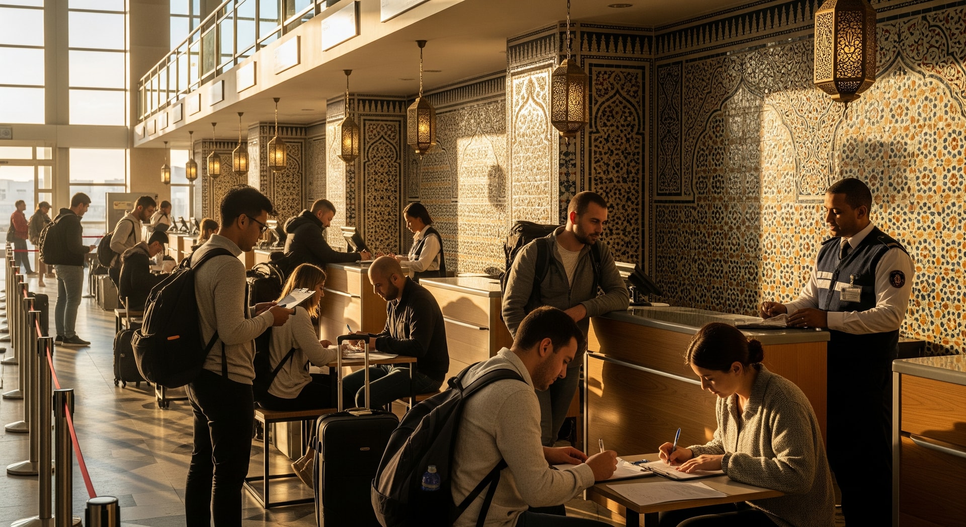 Moroccan airport customs area with travelers completing declaration forms