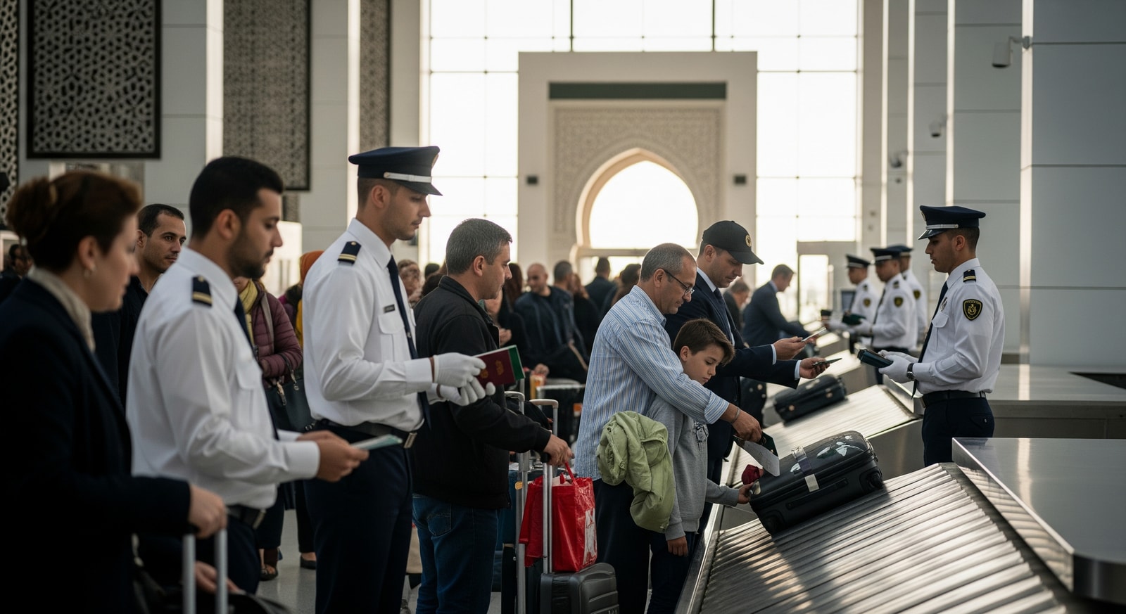 Travelers proceeding through customs at Morocco airport