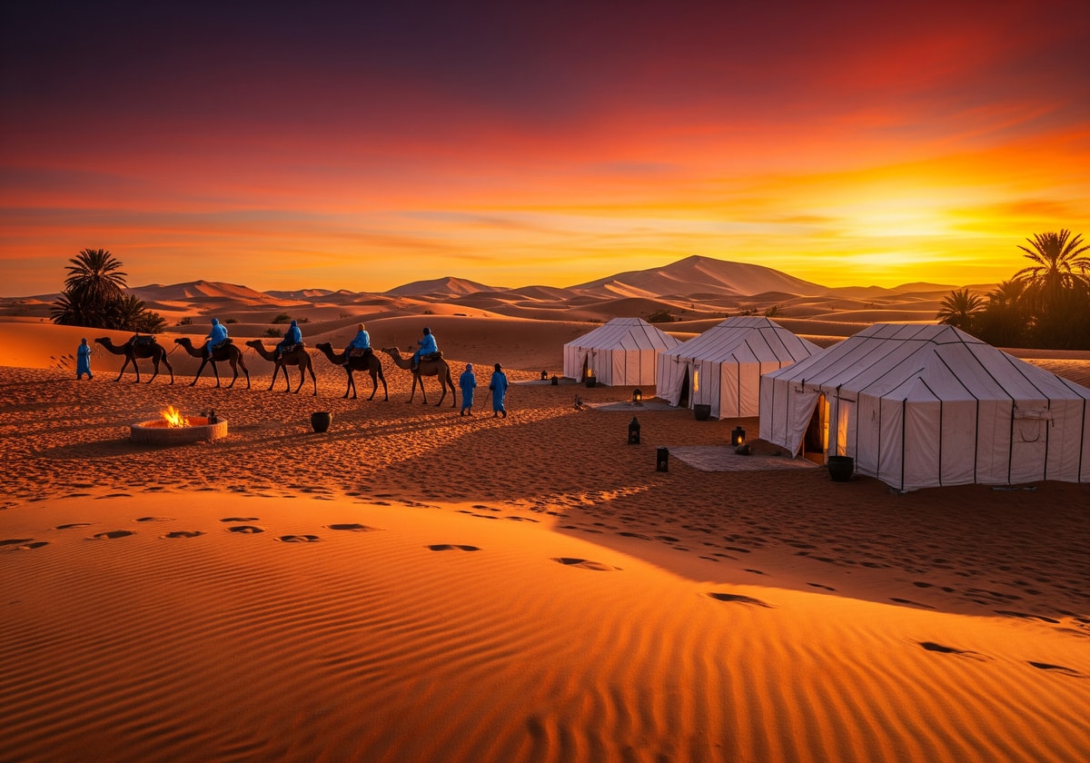 Sahara desert camp with camels at sunset Morocco
