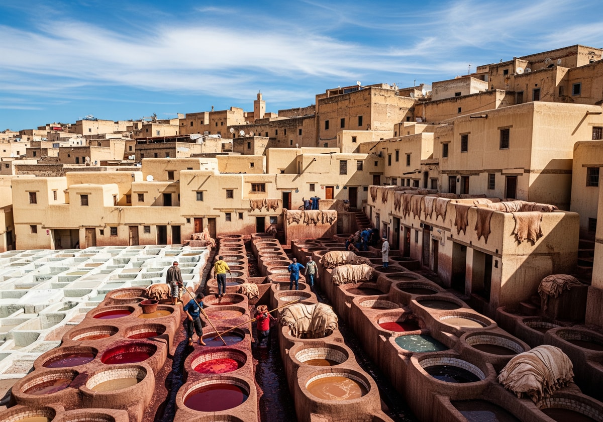 Fes medina tanneries with colorful dye vats