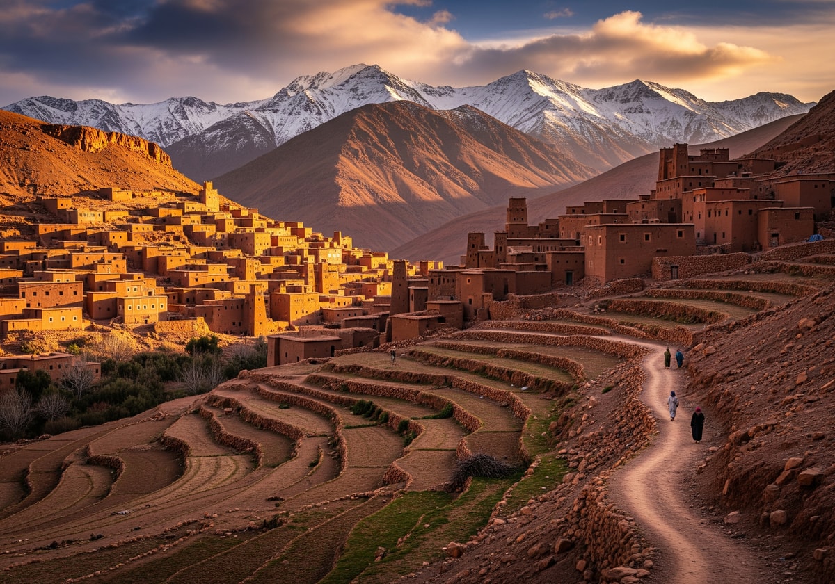 Atlas Mountains landscape with traditional Berber village