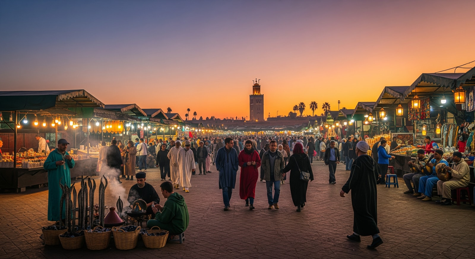 Jemaa el-Fnaa square in Marrakech Morocco at sunset with traditional market stalls