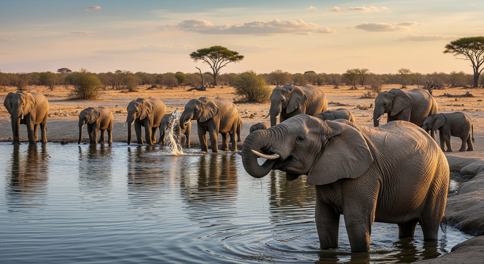 Elephants at waterhole in Etosha National Park