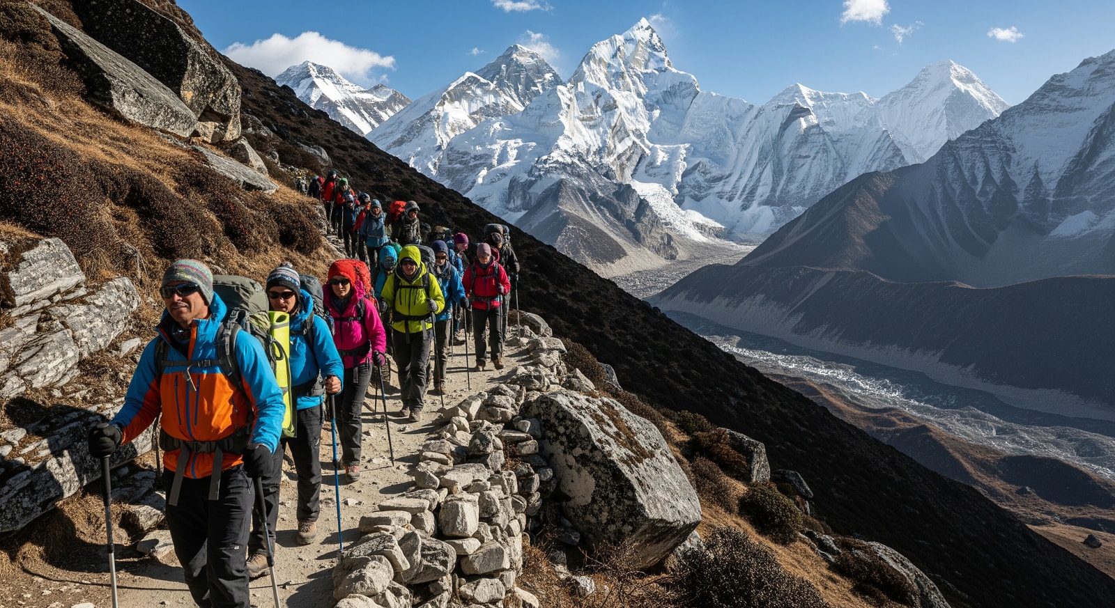 Trekkers on the Everest Base Camp trail with mountain views