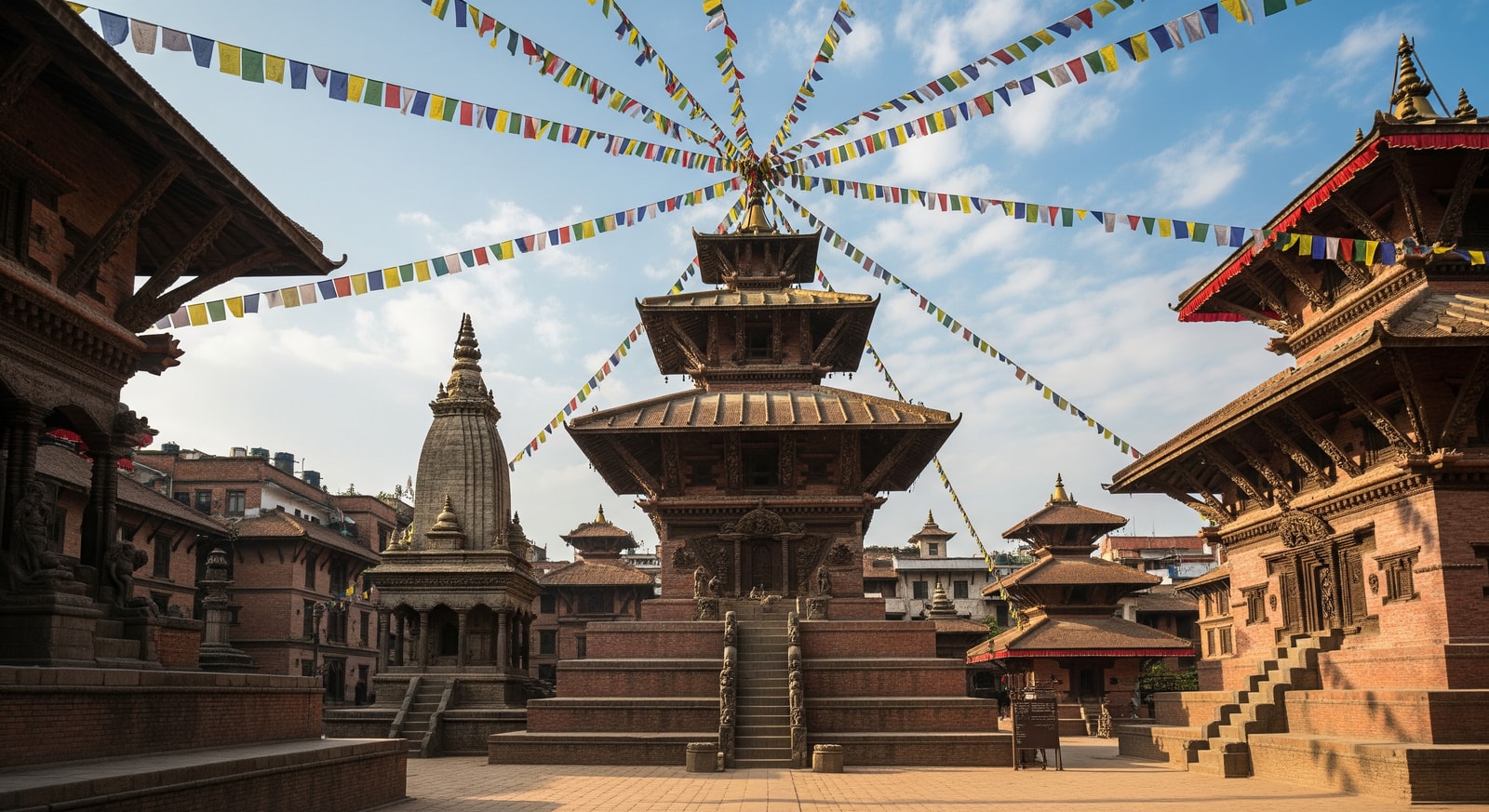 Ancient temples in Kathmandu Durbar Square with prayer flags