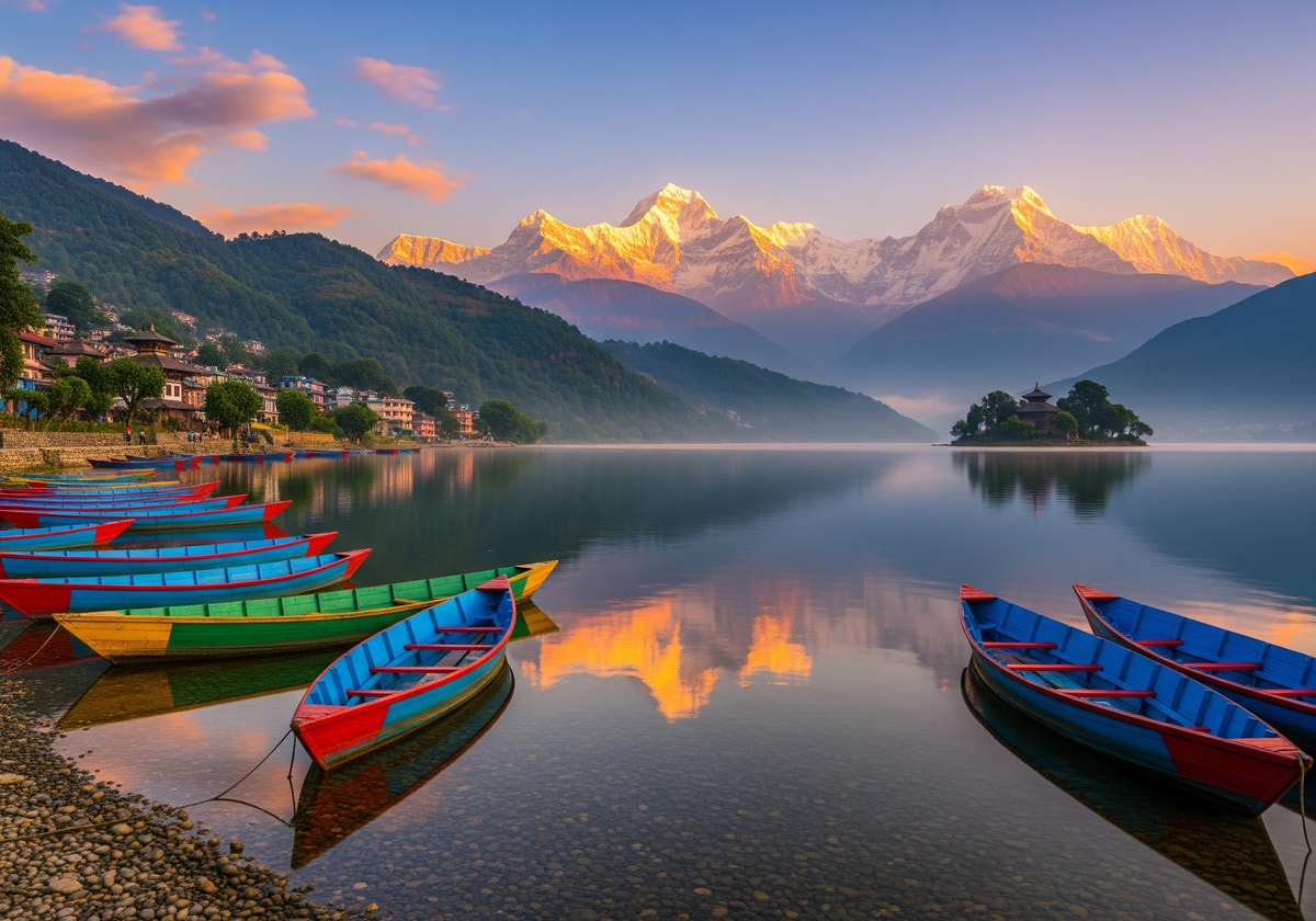 Phewa Lake in Pokhara with mountain backdrop