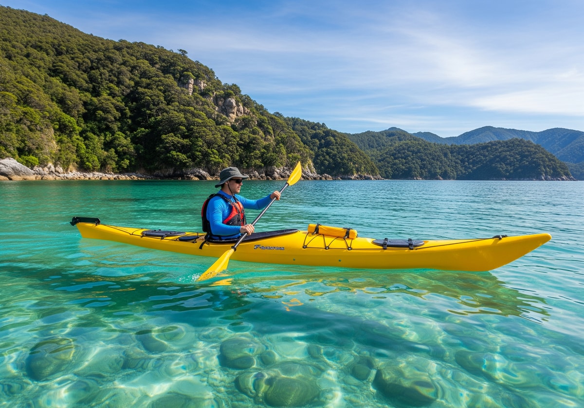 Kayaker paddling through clear turquoise waters of Abel Tasman