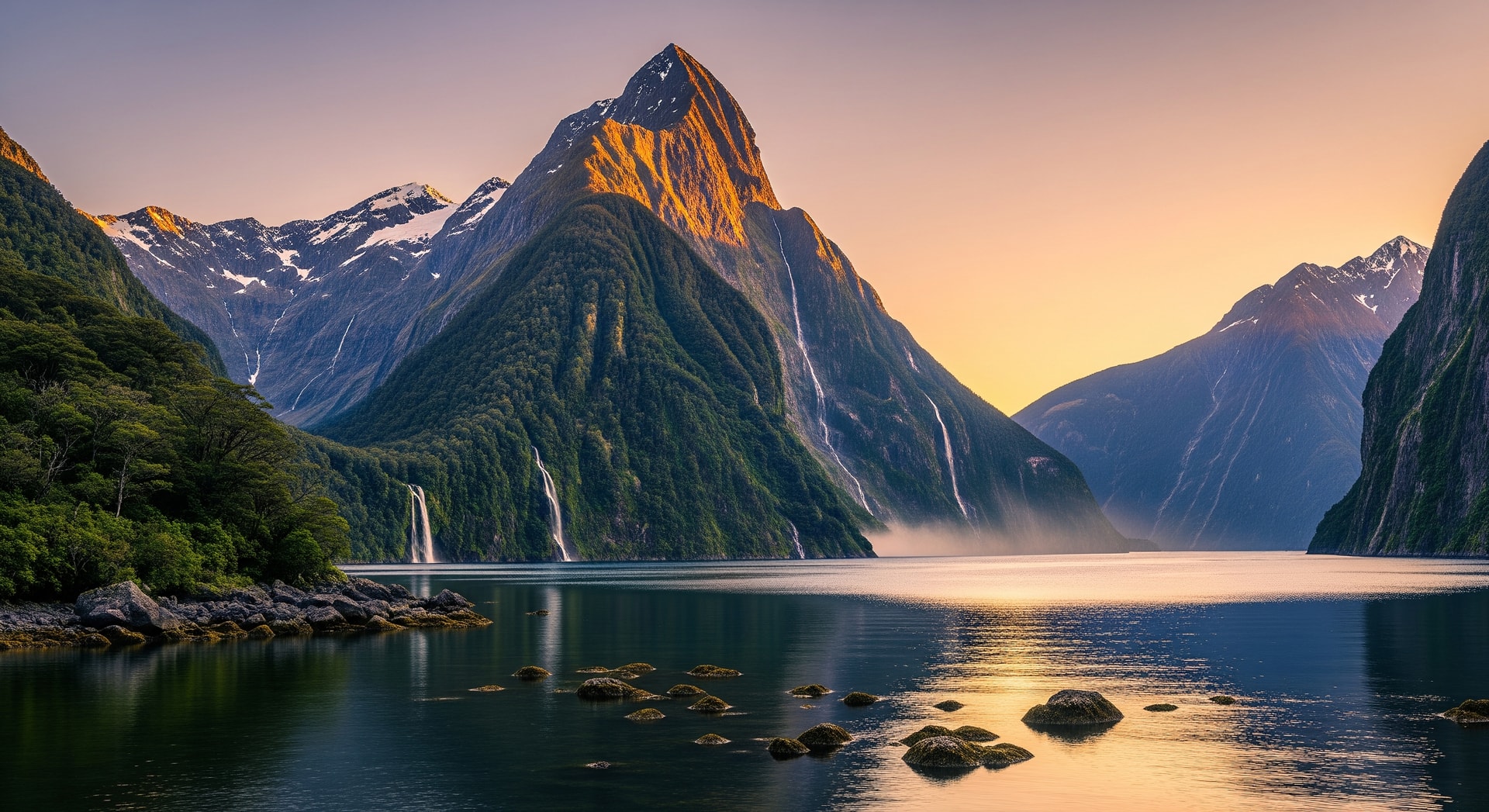 Stunning landscape of Milford Sound in New Zealand with mountains and fjords