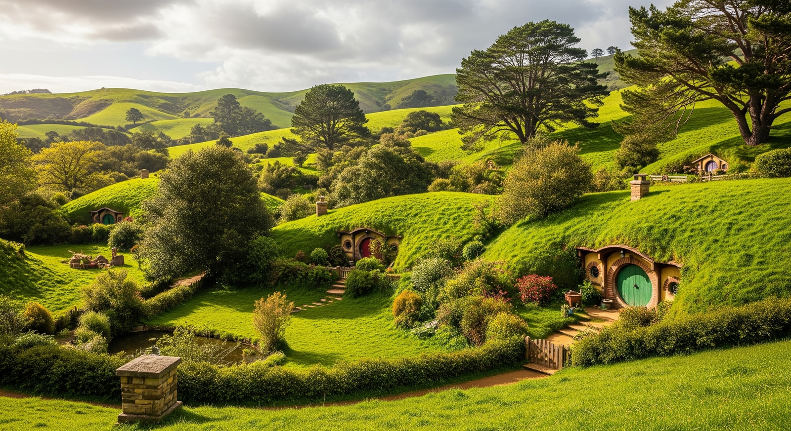 Hobbiton movie set in New Zealand with hobbit holes and green hills