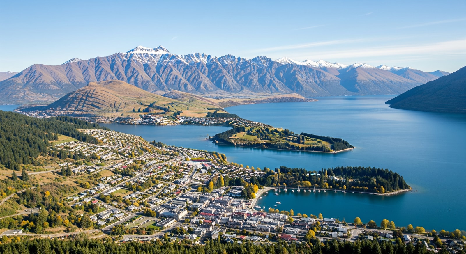 Aerial view of Queenstown with Lake Wakatipu and mountains in New Zealand