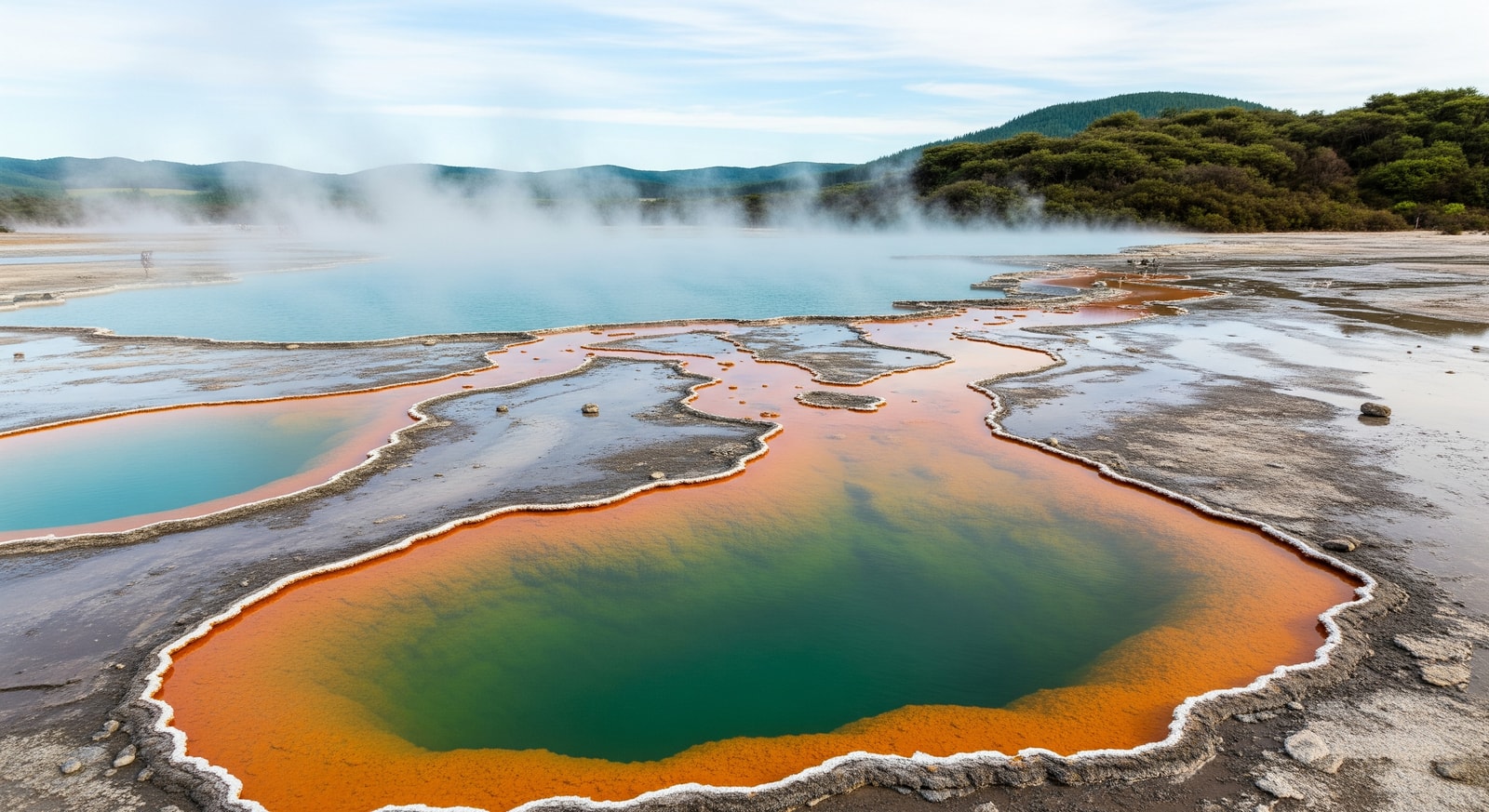 Geothermal hot springs and colorful pools in Rotorua, New Zealand