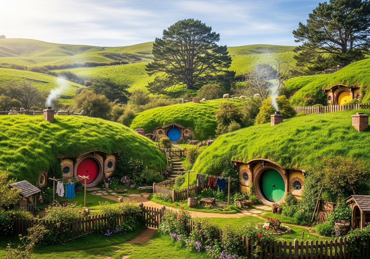 Hobbiton Movie Set with green hobbit holes built into hillside