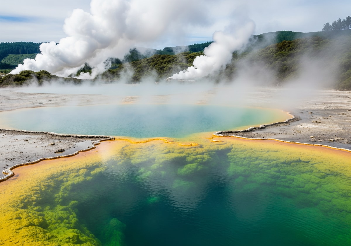 Rotorua geothermal area with vibrant colored hot springs and steam
