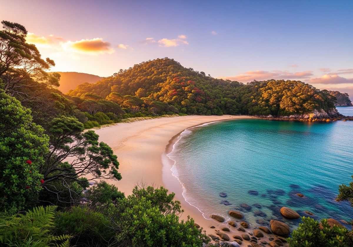 Abel Tasman National Park golden beach with turquoise water and native bush