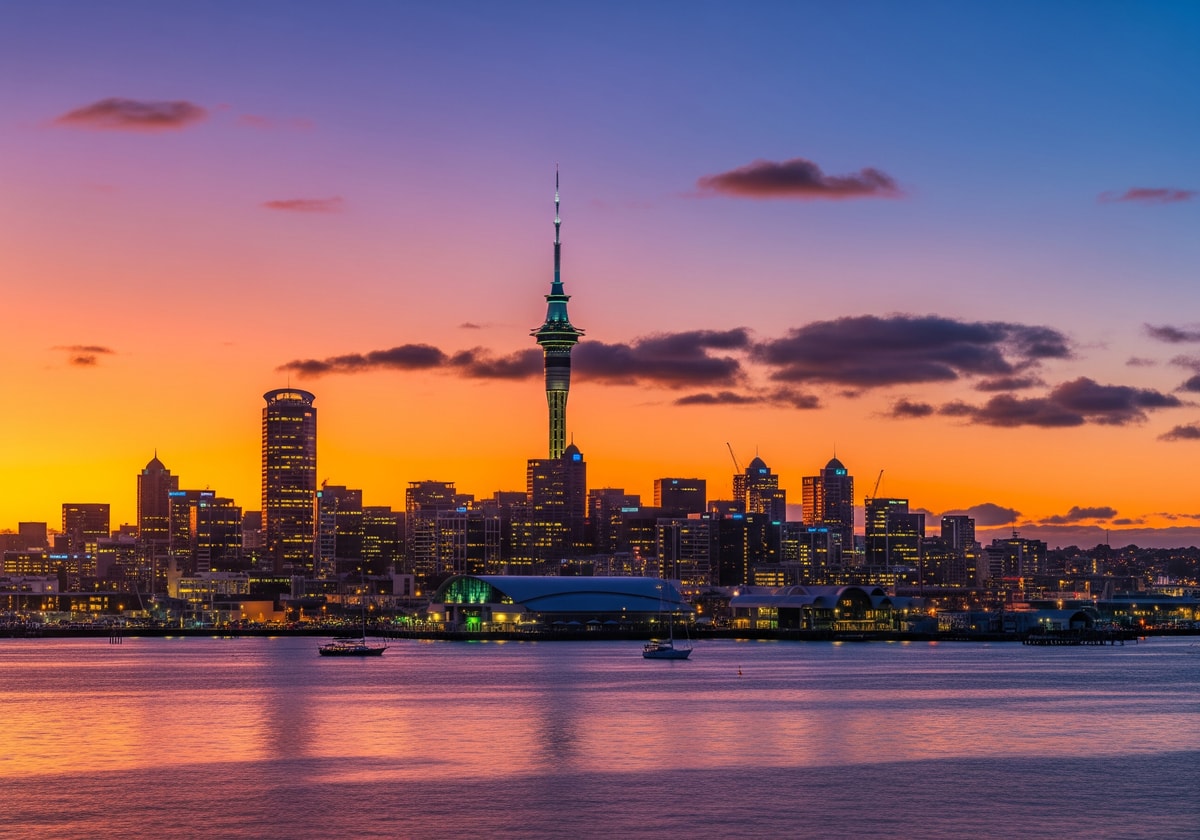 Auckland skyline with Sky Tower dominating the harbor view at sunset