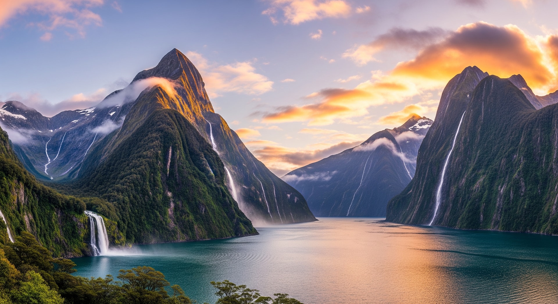 Milford Sound with dramatic peaks and waterfalls in New Zealand