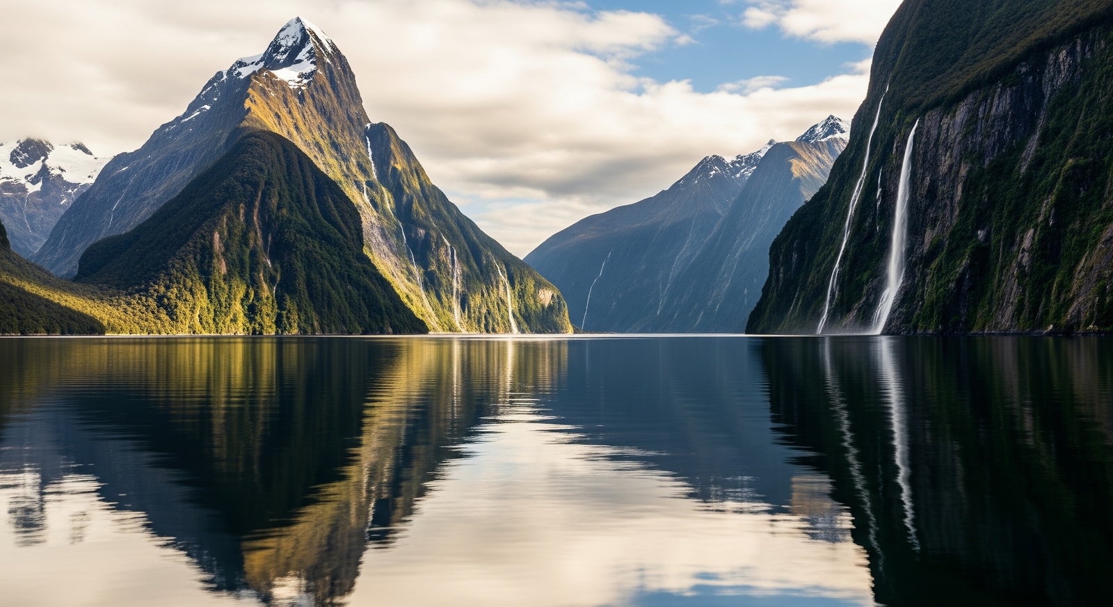 Milford Sound with Mitre Peak reflecting in calm waters and waterfalls cascading down cliffs
