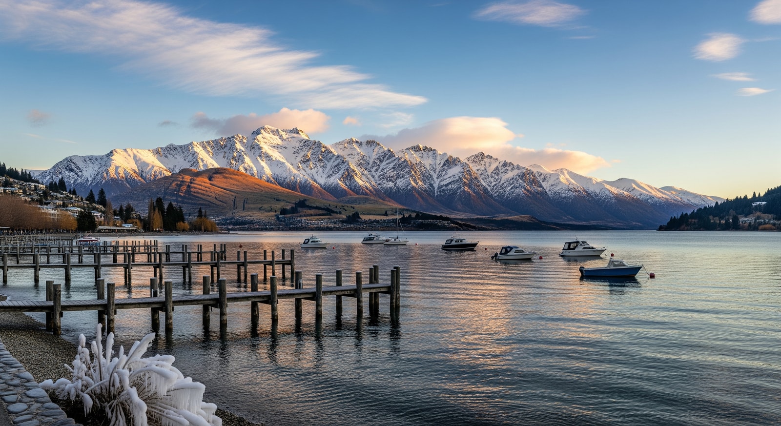 Queenstown waterfront with The Remarkables mountain range in winter