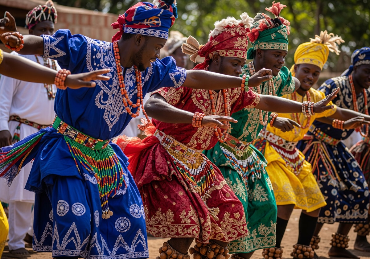 Traditional Nigerian dancers in colorful attire
